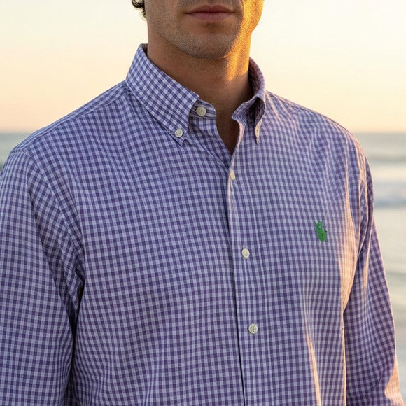 Polo Ralph Lauren Long Sleeve Dress Shirt Purple White Gingham Check Stretch S - Picture 2 of 8